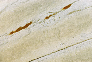 Bild 2:6. Enbart förzinkad plåt exponerad i Södertälje (ytterområde) i närmare 30 år. Lokalt korrosionsangrepp. Den ursprungliga tjockleksuppgiften (0,71) framgår. Detta visar att zinken ger ett gott korrosionsskydd. Foto: Torbjörn Osterling.