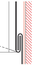 Figur10:20. Enkel tvärgående hakfals mellan dubbel eller enkelfalsad väggbeklädnad och ståndskiva. Figuren visar en knuten ståndfals på väggbeklädnaden. 